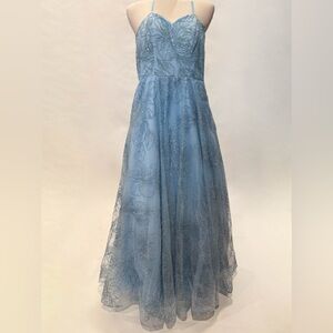La Femme Strapless Light Blue Lace Dress